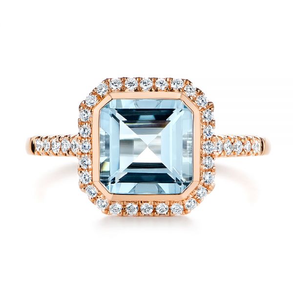 14k Rose Gold 14k Rose Gold Emerald Cut Aquamarine And Diamond Halo Ring - Top View - 105445