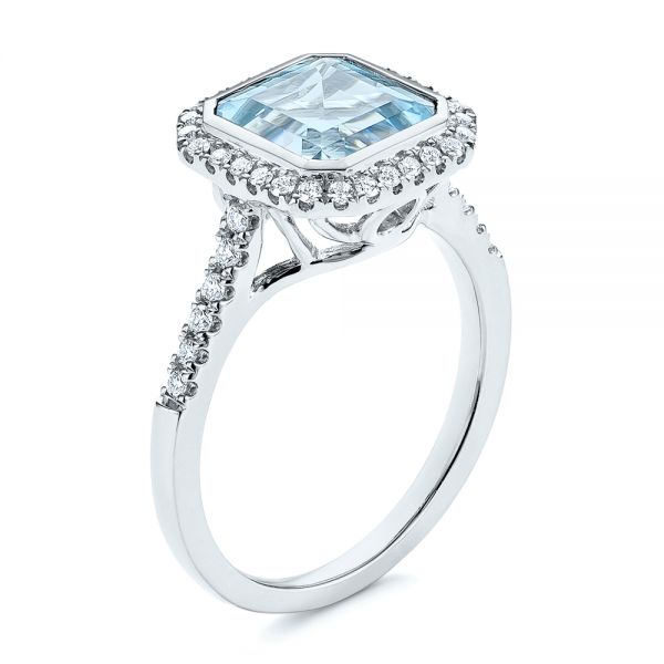 18k White Gold 18k White Gold Emerald Cut Aquamarine And Diamond Halo Ring - Three-Quarter View -  105445