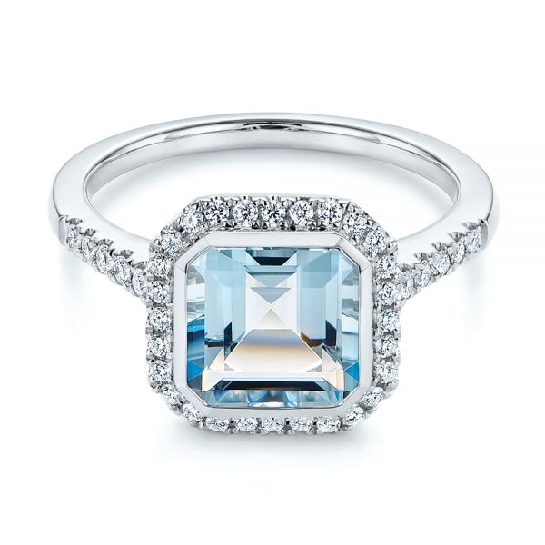 14k White Gold Emerald Cut Aquamarine And Diamond Halo Ring - Flat View - 105445