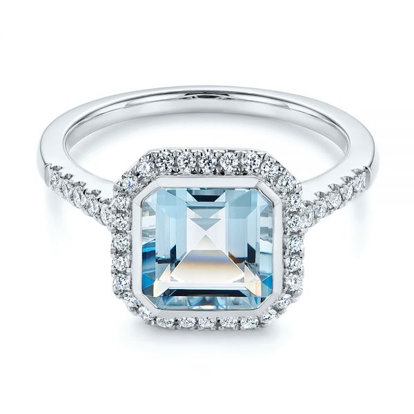 18k White Gold 18k White Gold Emerald Cut Aquamarine And Diamond Halo Ring - Flat View -  105445