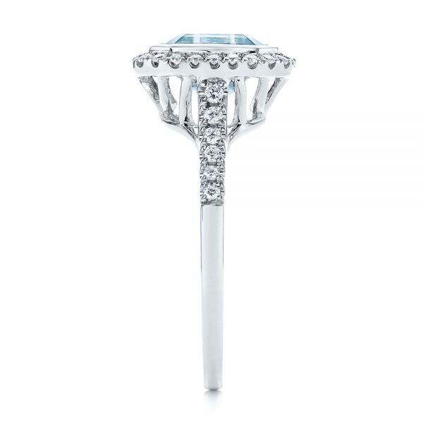 14k White Gold Emerald Cut Aquamarine And Diamond Halo Ring - Side View -  105445