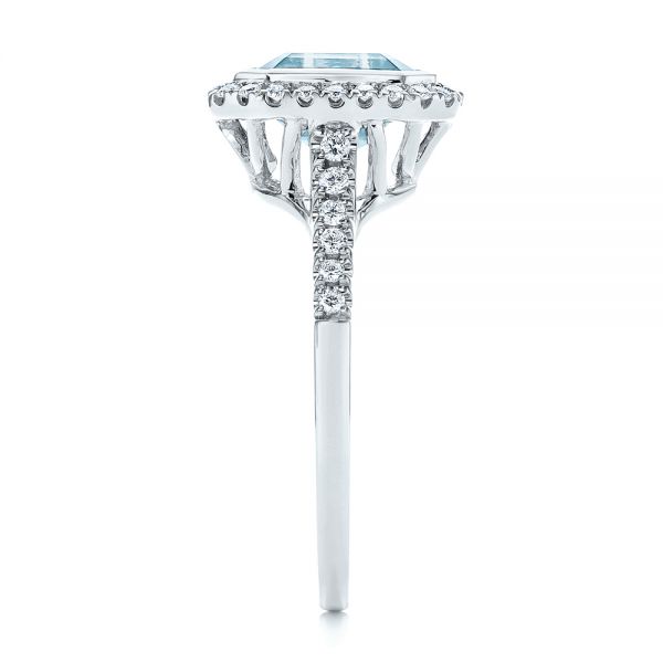 14k White Gold Emerald Cut Aquamarine And Diamond Halo Ring - Side View - 105445