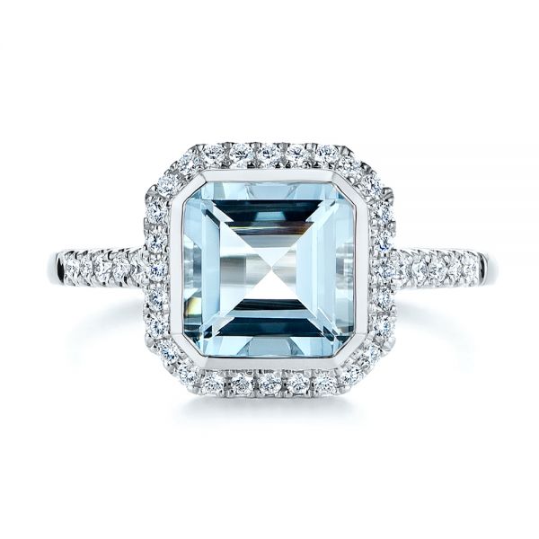 14k White Gold Emerald Cut Aquamarine And Diamond Halo Ring - Top View - 105445