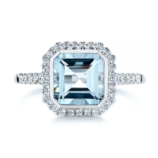 18k White Gold 18k White Gold Emerald Cut Aquamarine And Diamond Halo Ring - Top View -  105445