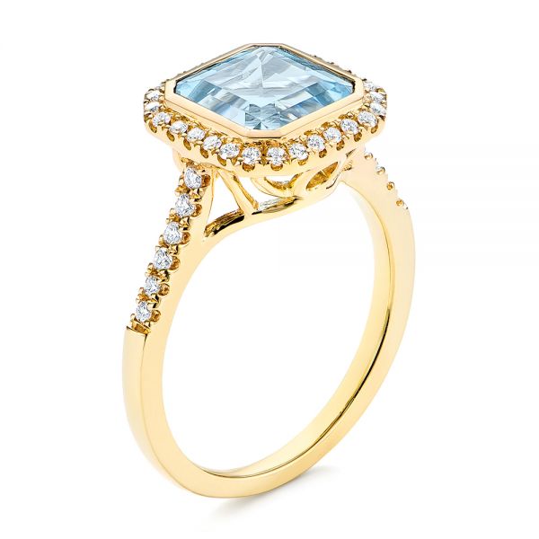 18k Yellow Gold 18k Yellow Gold Emerald Cut Aquamarine And Diamond Halo Ring - Three-Quarter View -  105445