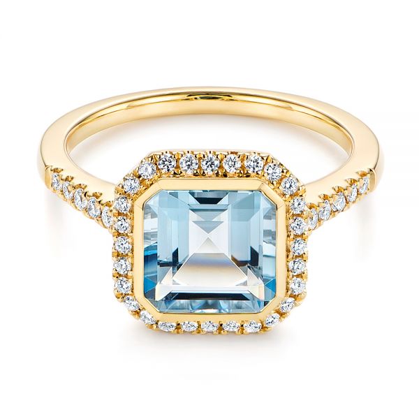 18k Yellow Gold 18k Yellow Gold Emerald Cut Aquamarine And Diamond Halo Ring - Flat View -  105445