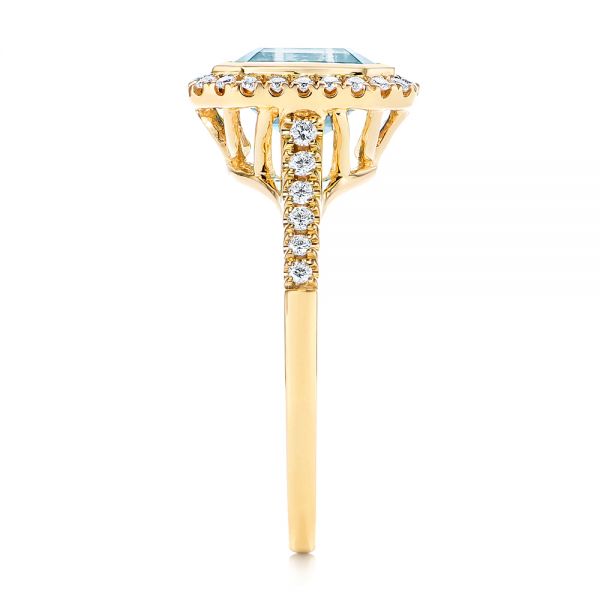 18k Yellow Gold 18k Yellow Gold Emerald Cut Aquamarine And Diamond Halo Ring - Side View -  105445