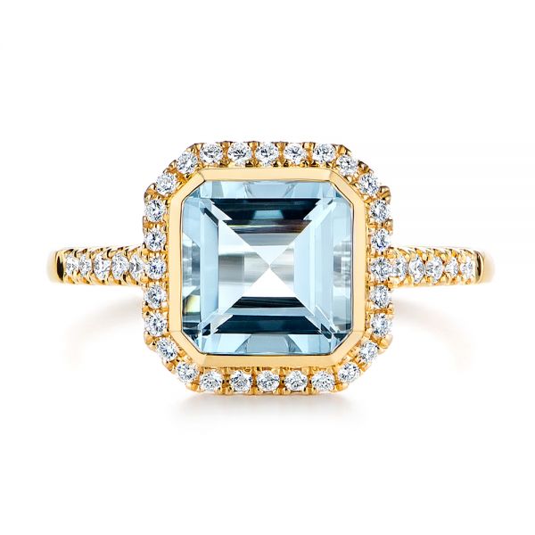 14k Yellow Gold 14k Yellow Gold Emerald Cut Aquamarine And Diamond Halo Ring - Top View - 105445