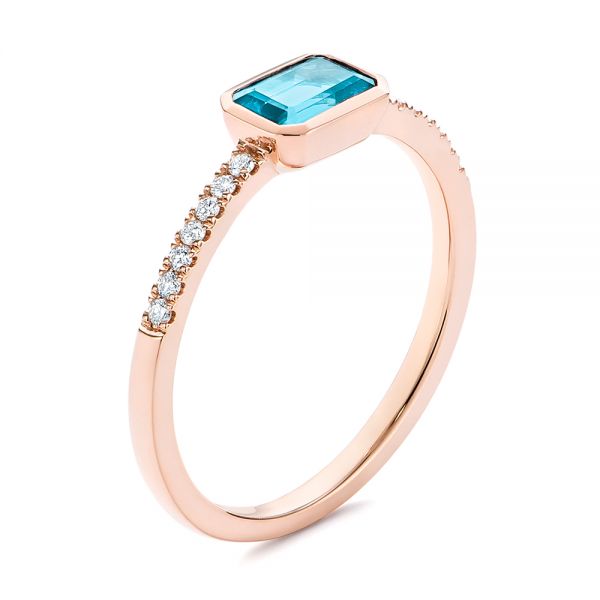 14k Rose Gold 14k Rose Gold Emerald Cut Blue Topaz And Diamond Fashion Ring - Three-Quarter View - 105435