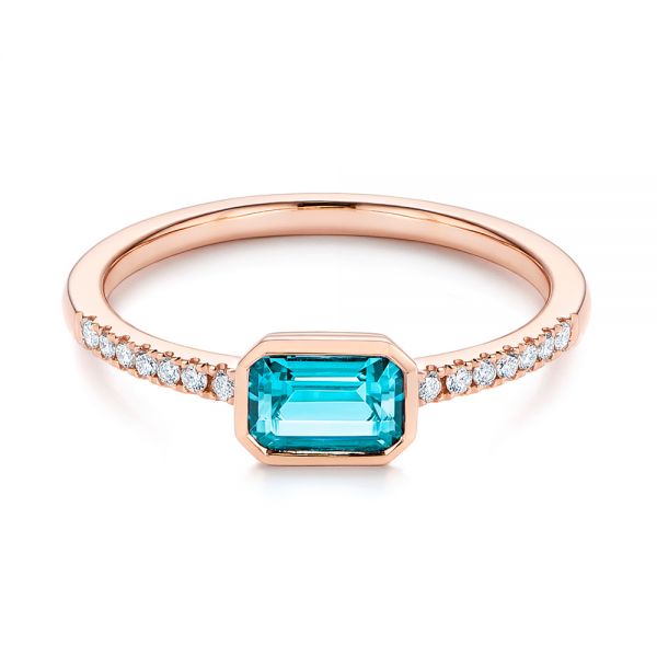 18k Rose Gold 18k Rose Gold Emerald Cut Blue Topaz And Diamond Fashion Ring - Flat View -  105435