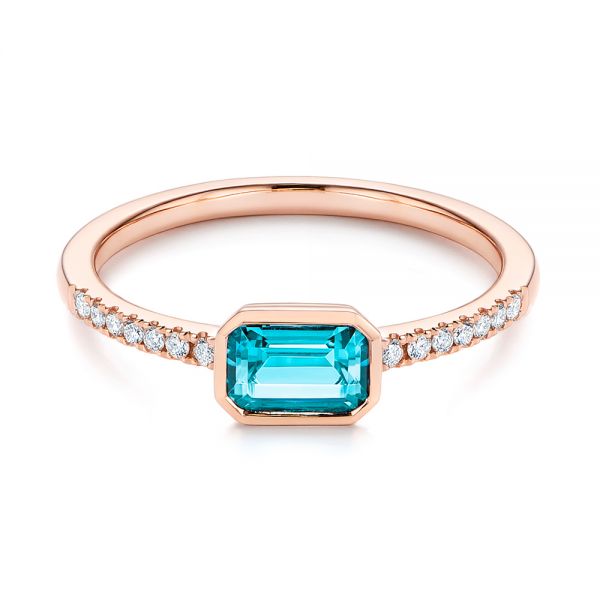 14k Rose Gold 14k Rose Gold Emerald Cut Blue Topaz And Diamond Fashion Ring - Flat View - 105435