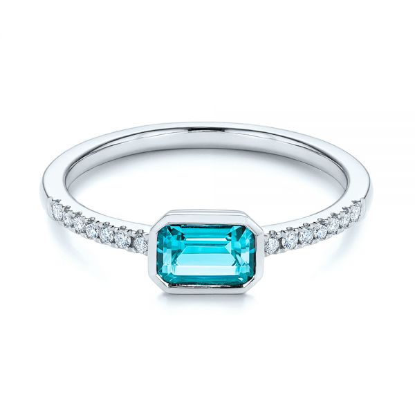 14k White Gold Emerald Cut Blue Topaz And Diamond Fashion Ring - Flat View - 105435
