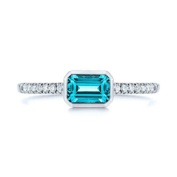 14k White Gold Emerald Cut Blue Topaz And Diamond Fashion Ring - Top View -  105435