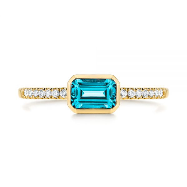 14k Yellow Gold 14k Yellow Gold Emerald Cut Blue Topaz And Diamond Fashion Ring - Top View - 105435