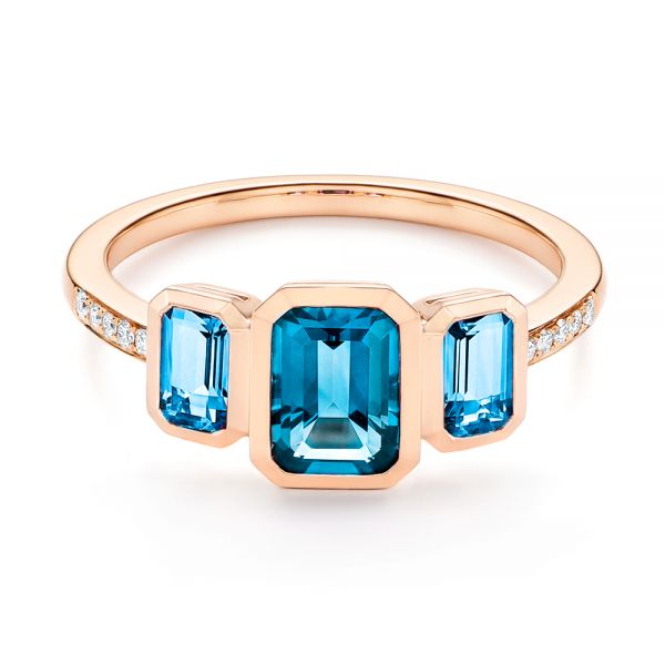 14k Rose Gold 14k Rose Gold Emerald Cut Blue Topaz And Diamond Three-stone Ring - Flat View -  106024 - Thumbnail