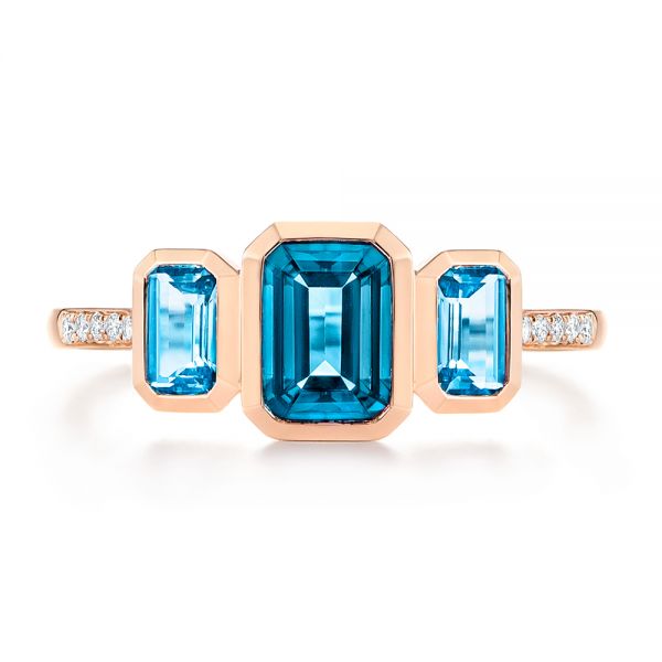 18k Rose Gold 18k Rose Gold Emerald Cut Blue Topaz And Diamond Three-stone Ring - Top View -  106024