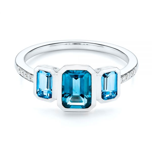  Platinum Platinum Emerald Cut Blue Topaz And Diamond Three-stone Ring - Flat View -  106024 - Thumbnail