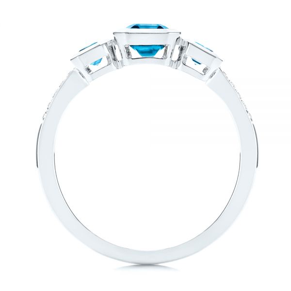 14k White Gold Emerald Cut Blue Topaz And Diamond Three-stone Ring - Front View -  106024 - Thumbnail