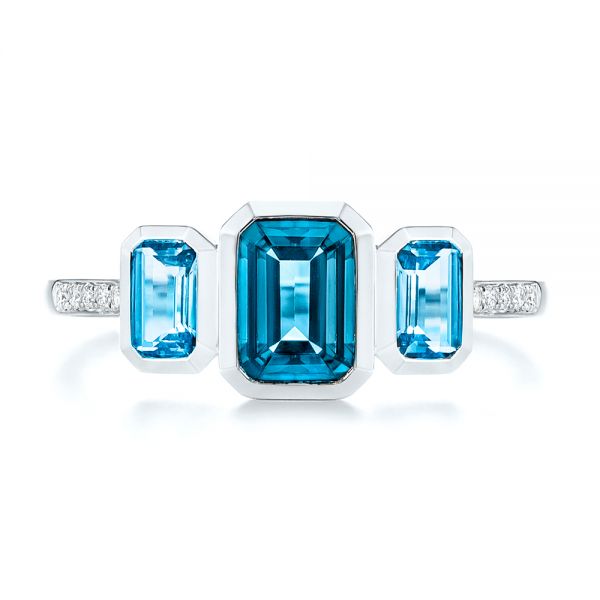 18k White Gold 18k White Gold Emerald Cut Blue Topaz And Diamond Three-stone Ring - Top View -  106024 - Thumbnail