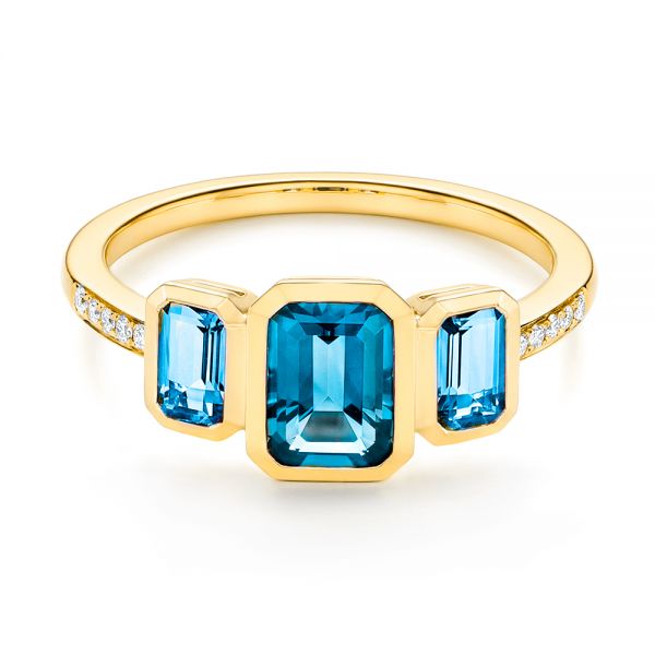 14k Yellow Gold 14k Yellow Gold Emerald Cut Blue Topaz And Diamond Three-stone Ring - Flat View - 106024