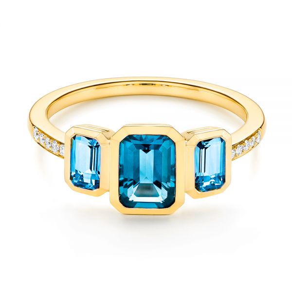 14k Yellow Gold 14k Yellow Gold Emerald Cut Blue Topaz And Diamond Three-stone Ring - Flat View -  106024 - Thumbnail