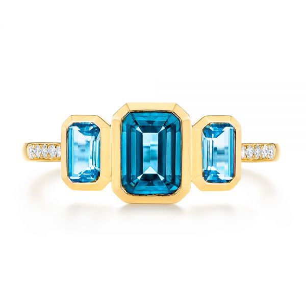 18k Yellow Gold 18k Yellow Gold Emerald Cut Blue Topaz And Diamond Three-stone Ring - Top View -  106024 - Thumbnail