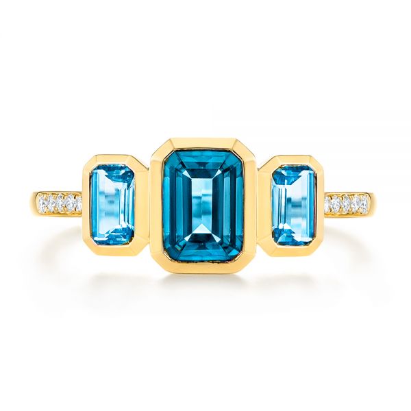 14k Yellow Gold 14k Yellow Gold Emerald Cut Blue Topaz And Diamond Three-stone Ring - Top View - 106024