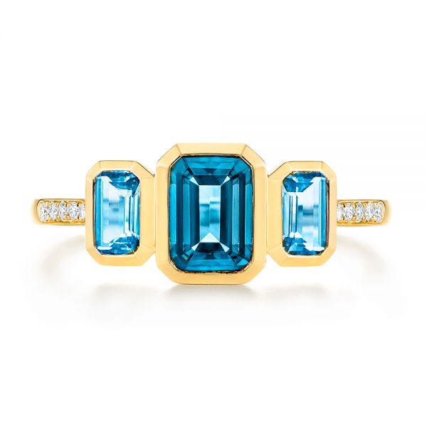 14k Yellow Gold 14k Yellow Gold Emerald Cut Blue Topaz And Diamond Three-stone Ring - Top View -  106024 - Thumbnail