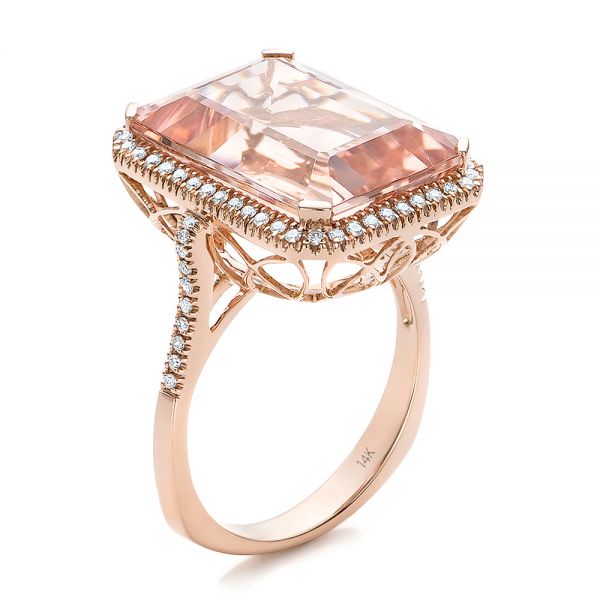 14k Rose Gold 14k Rose Gold Emerald Cut Morganite And Diamond Halo Ring - Three-Quarter View -  100799