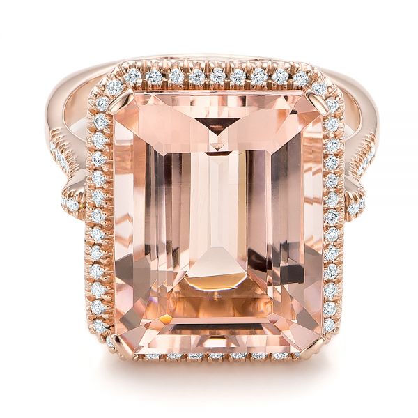 14k Rose Gold 14k Rose Gold Emerald Cut Morganite And Diamond Halo Ring - Flat View -  100799