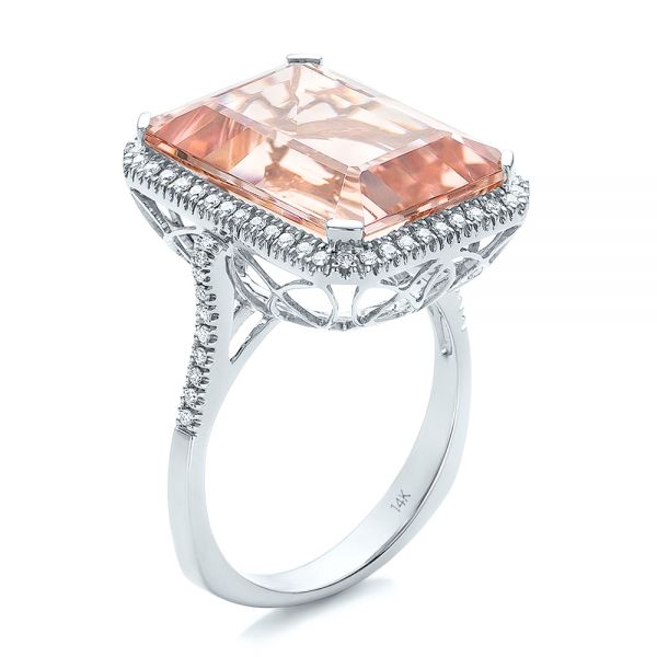  Platinum Platinum Emerald Cut Morganite And Diamond Halo Ring - Three-Quarter View -  100799