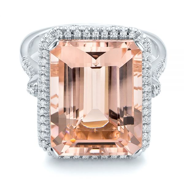 18k White Gold 18k White Gold Emerald Cut Morganite And Diamond Halo Ring - Flat View - 100799