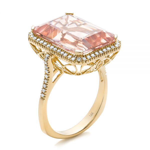 18k Yellow Gold 18k Yellow Gold Emerald Cut Morganite And Diamond Halo Ring - Three-Quarter View -  100799