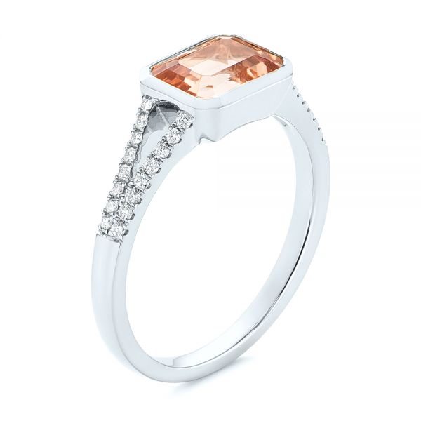 18k White Gold 18k White Gold Emerald Cut Morganite And Diamond Ring - Three-Quarter View -  105021