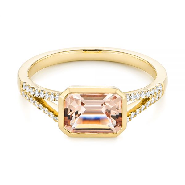 18k Yellow Gold 18k Yellow Gold Emerald Cut Morganite And Diamond Ring - Flat View -  105021