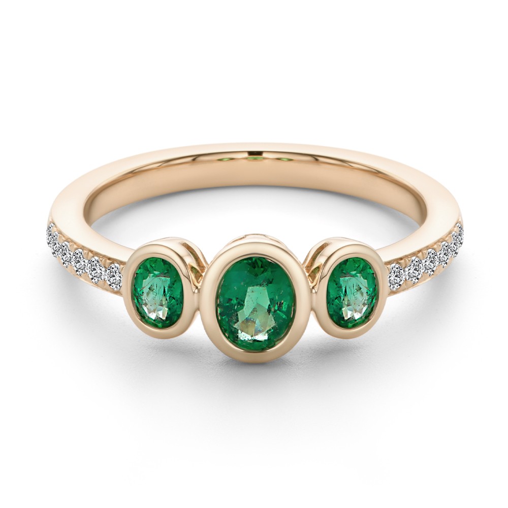 14k Rose Gold 14k Rose Gold Emerald And Diamond Trilogy Ring - Flat View -  108030 - Thumbnail