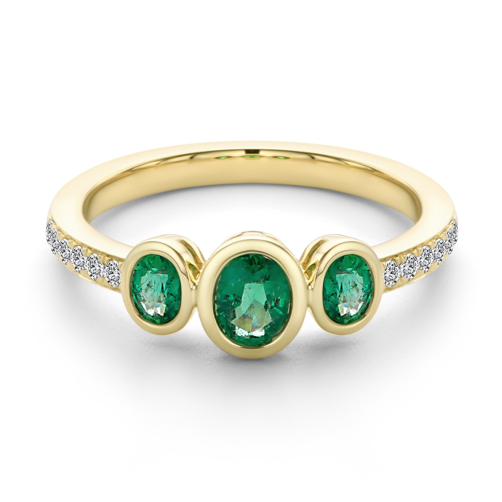 14k Yellow Gold Emerald And Diamond Trilogy Ring - Flat View -  108030 - Thumbnail