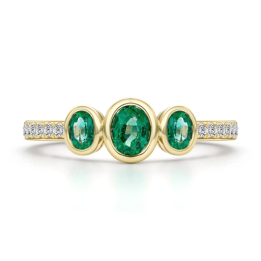 14k Yellow Gold Emerald And Diamond Trilogy Ring - Top View -  108030 - Thumbnail