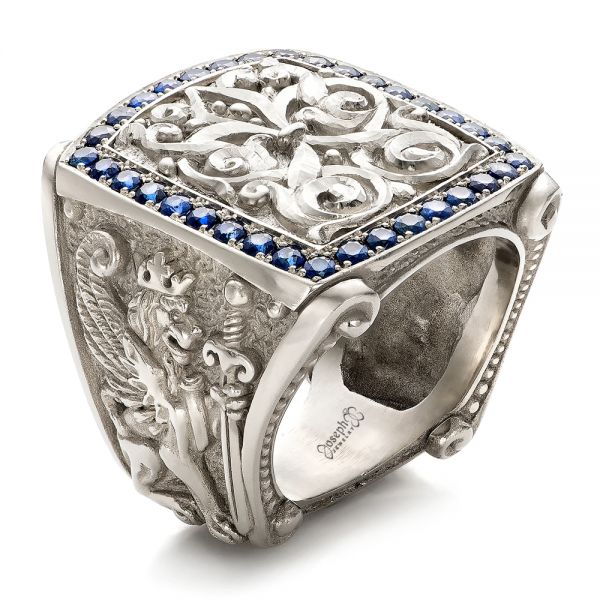 18k White Gold Fleur De Lis Hand-carved Blue Sapphire Men's Ring - Three-Quarter View -  101509