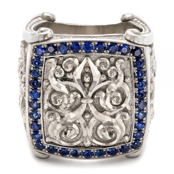 18k White Gold Fleur De Lis Hand-carved Blue Sapphire Men's Ring - Flat View -  101509