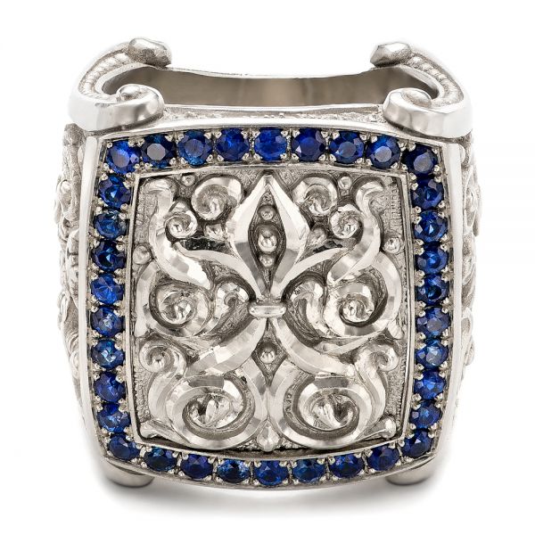 18k White Gold Fleur De Lis Hand-carved Blue Sapphire Men's Ring - Flat View -  101509