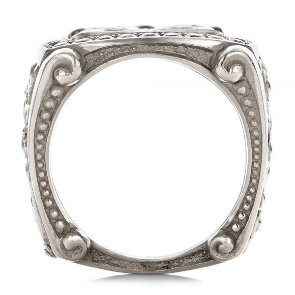 18k White Gold Fleur De Lis Hand-carved Blue Sapphire Men's Ring - Front View -  101509