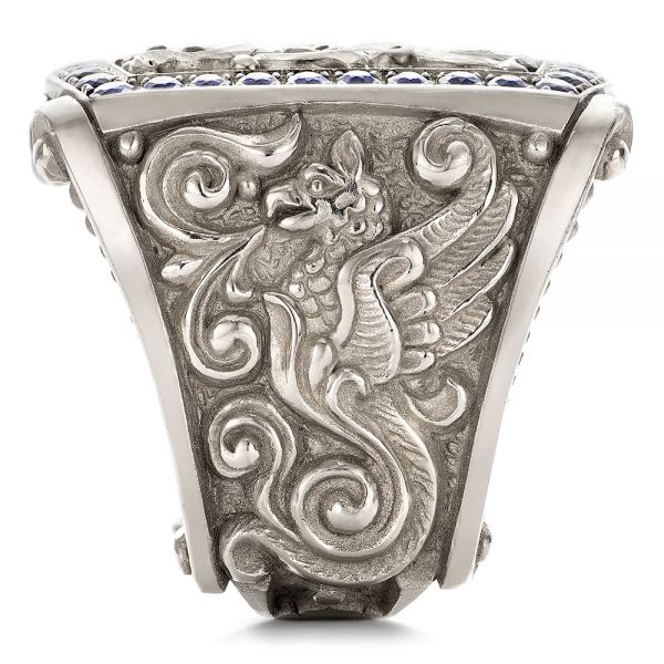 18k White Gold Fleur De Lis Hand-carved Blue Sapphire Men's Ring - Side View -  101509