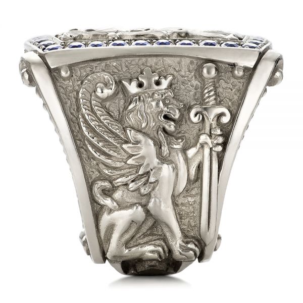 18k White Gold Fleur De Lis Hand-carved Blue Sapphire Men's Ring - Top View -  101509