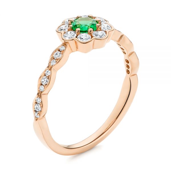 14k Rose Gold 14k Rose Gold Floral Emerald And Diamond Gemstone Ring - Three-Quarter View -  106008