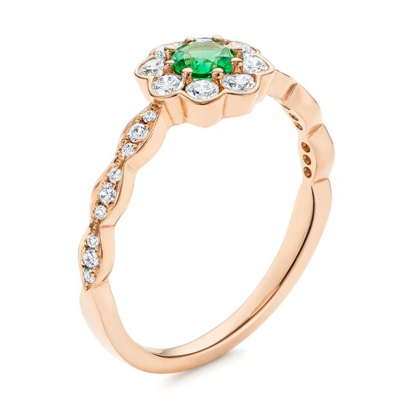 14k Rose Gold 14k Rose Gold Floral Emerald And Diamond Gemstone Ring - Three-Quarter View - 106008