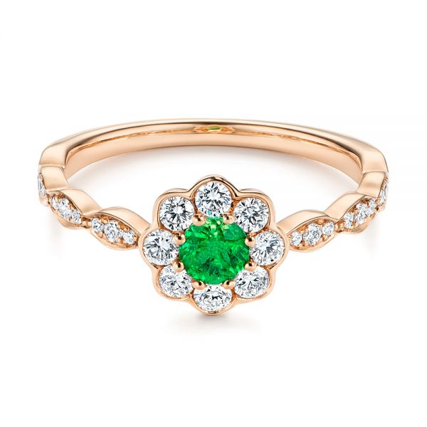 14k Rose Gold 14k Rose Gold Floral Emerald And Diamond Gemstone Ring - Flat View -  106008 - Thumbnail