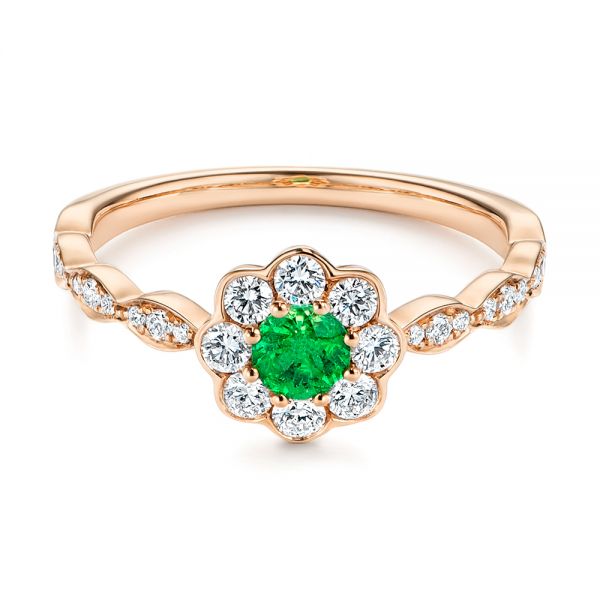 18k Rose Gold 18k Rose Gold Floral Emerald And Diamond Gemstone Ring - Flat View -  106008 - Thumbnail