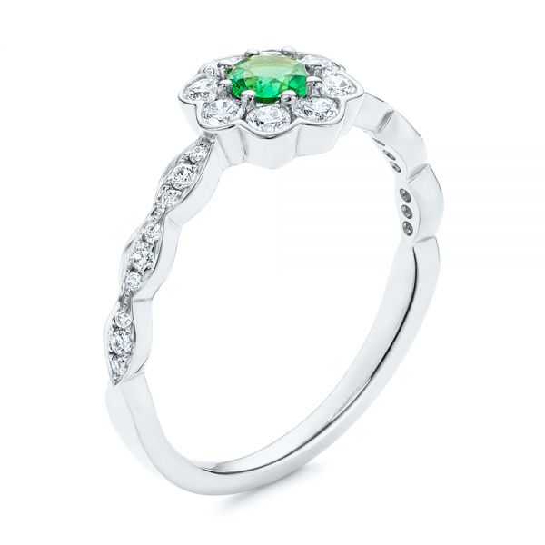 14k White Gold 14k White Gold Floral Emerald And Diamond Gemstone Ring - Three-Quarter View -  106008 - Thumbnail