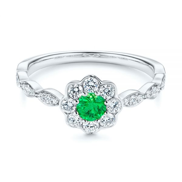 18k White Gold 18k White Gold Floral Emerald And Diamond Gemstone Ring - Flat View -  106008 - Thumbnail